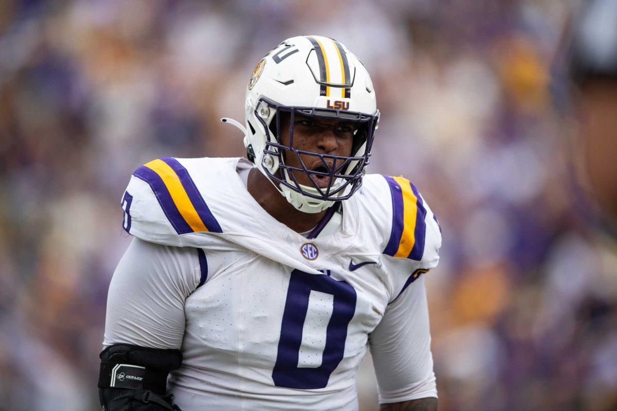 LSU football redshirt sophomore defensive tackle Maason Smith (0) hollers Saturday, Nov. 25, 2023, during LSU's 42-30 win against Texas A&amp;M at Tiger Stadium in Baton Rouge, La.