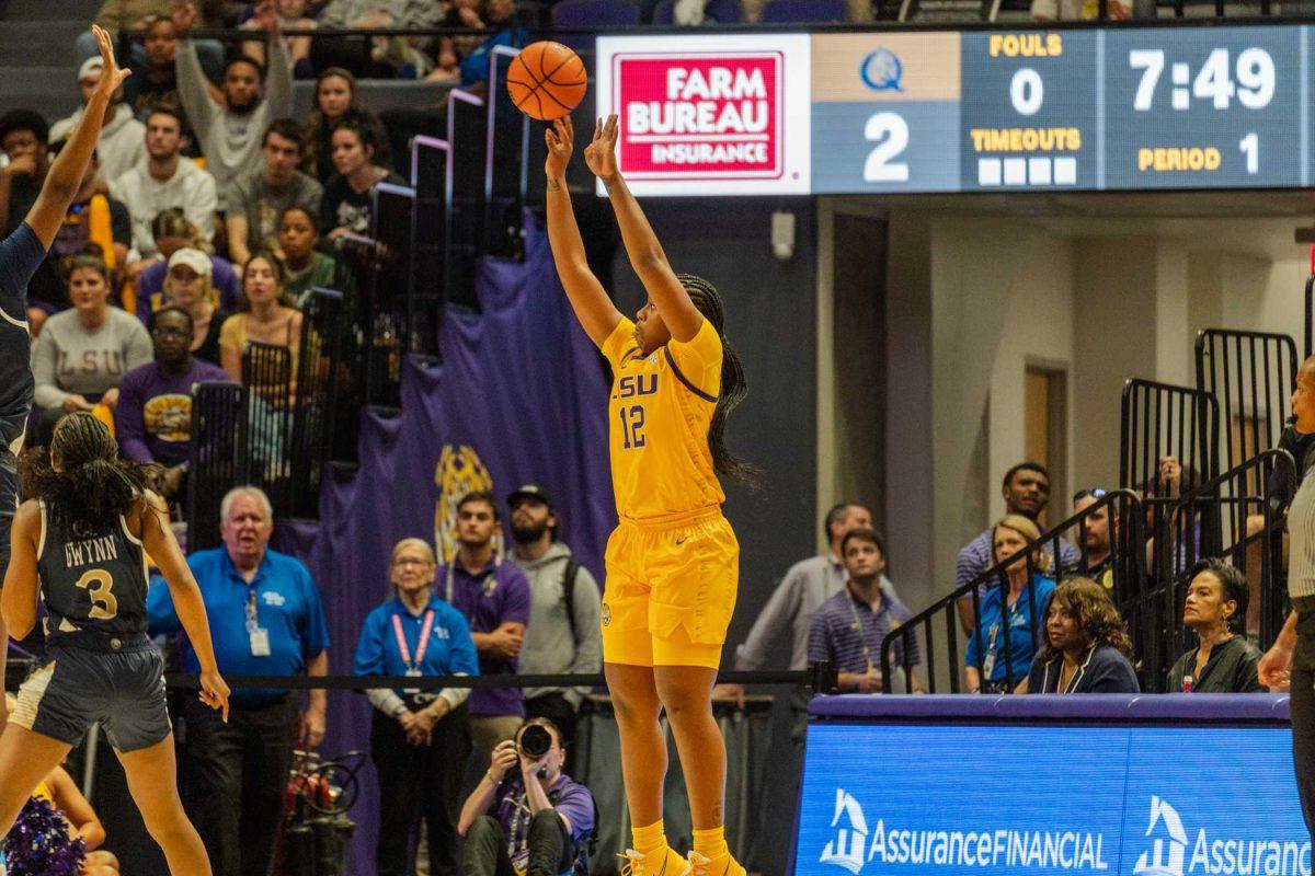 LSU women&#8217;s basketball freshman guard Mikaylah Williams (12) shoots the ball Thursday, Nov. 9, 2023, during LSU&#8217;s 112-55 win over Queens in the Pete Maravich Assembly Center in Baton Rouge, La.