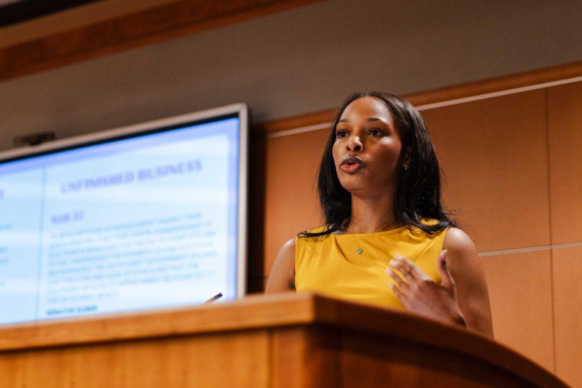 Chair of the Election Commission Perri Eason makes her case against impeachment Wednesday, Nov. 15, 2023, during a Student Government meeting in the Capital Chamber in the Student Union.