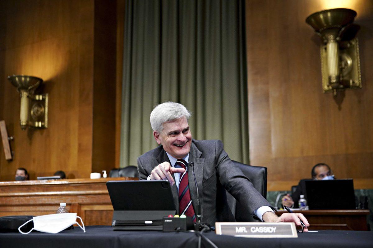 Sen. Bill Cassidy, R-La., smiles as he speaks during a confirmation hearing for Secretary of Veterans Affairs nominee Denis McDonough before the Senate Committee on Veterans' Affairs on Capitol Hill, Wednesday, Jan. 27, 2021, in Washington.