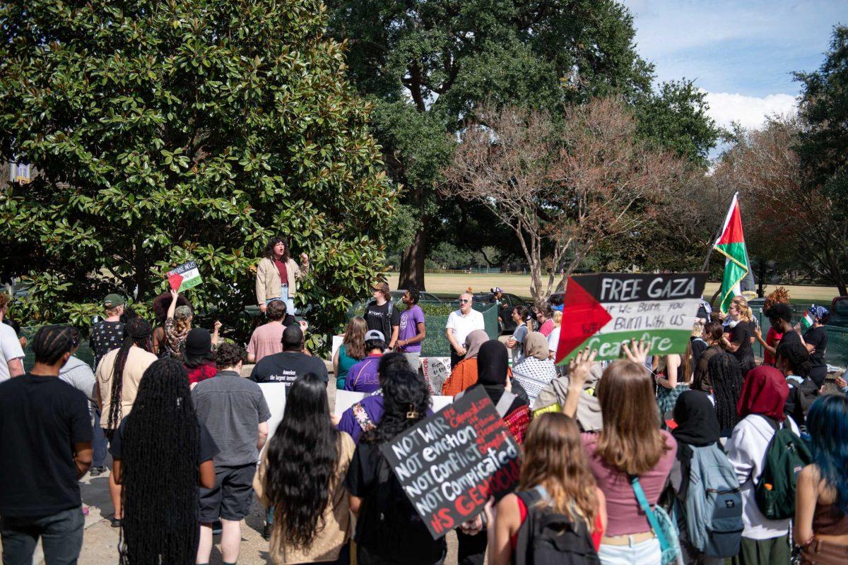 Attendees gather for a speech Thursday, Nov. 9, 2023, during a rally for Palestine in Free Speech Alley on LSU's campus in Baton Rouge, La.