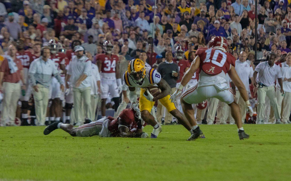 LSU football sophomore wide receiver Malik Nabers (8) pushes through the defense on Saturday, Nov. 5, 2022, during LSU&#8217;s 32-31 victory over Alabama in Tiger Stadium in Baton Rouge, La.