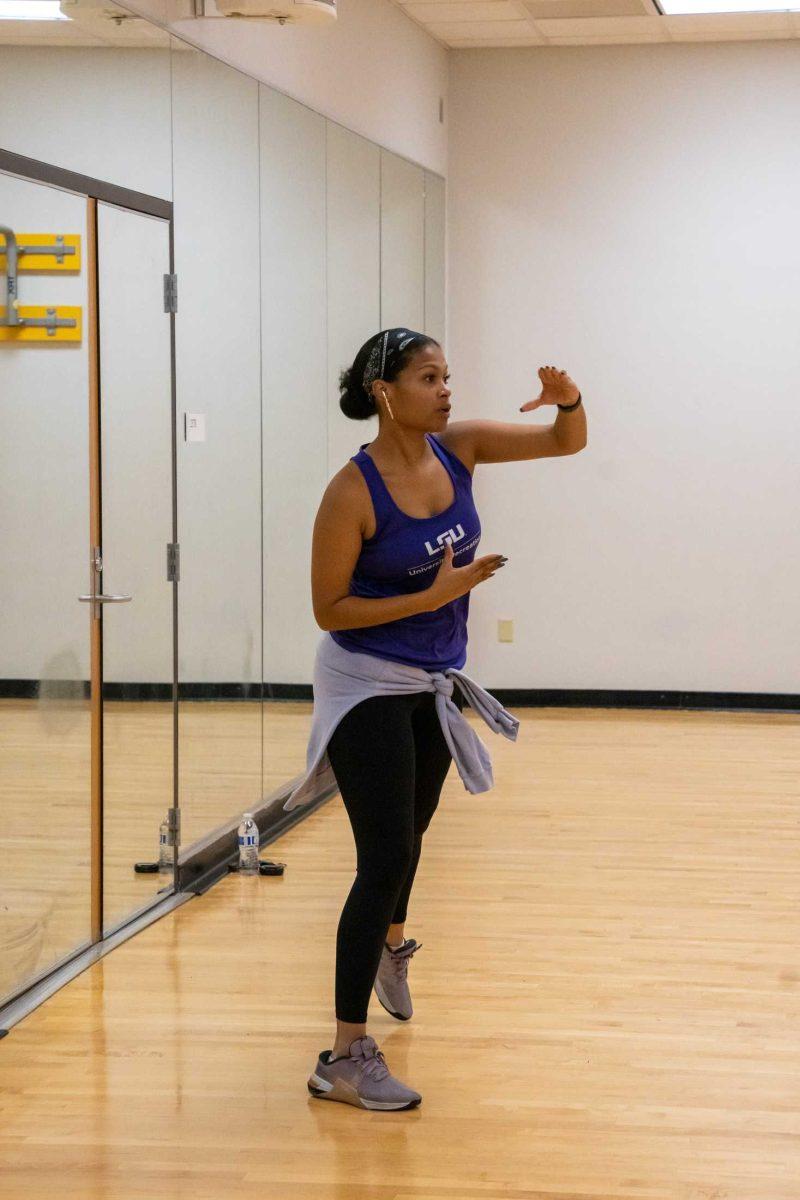 Zumba instructor CoChea Long dances Wednesday, Oct. 25, 2023, at the University Recreation Facility at LSU in Baton Rouge, La