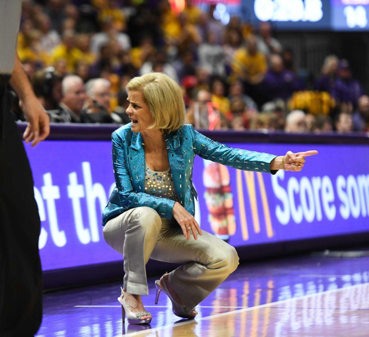 LSU women&#8217;s basketball head coach Kim Mulkey points at a play on Sunday, Feb. 26, 2023, during LSU&#8217;s 74-59 win over Mississippi State at the Pete Maravich Assembly Center in Baton Rouge, La.