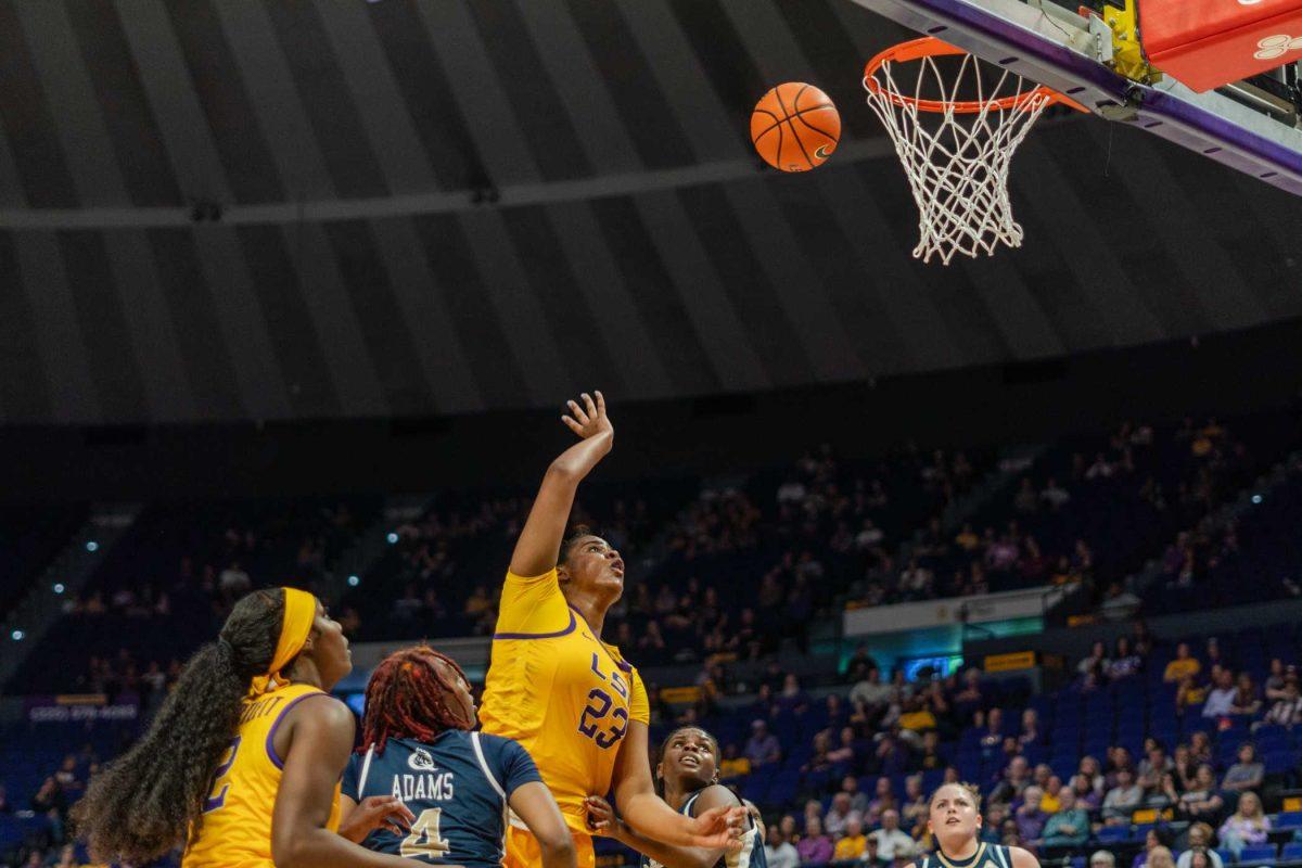 <p>LSU women’s basketball freshman center Aalyah Del Rosario (23) puts the ball up for a score Thursday, Nov. 9, 2023, during LSU’s 112-55 win over Queens in the Pete Maravich Assembly Center in Baton Rouge, La.</p>