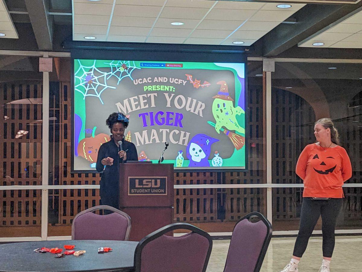 Student leaders open the Meet Your Tiger Match event Monday, Oct. 30, 2023, inside the LSU Student Union.