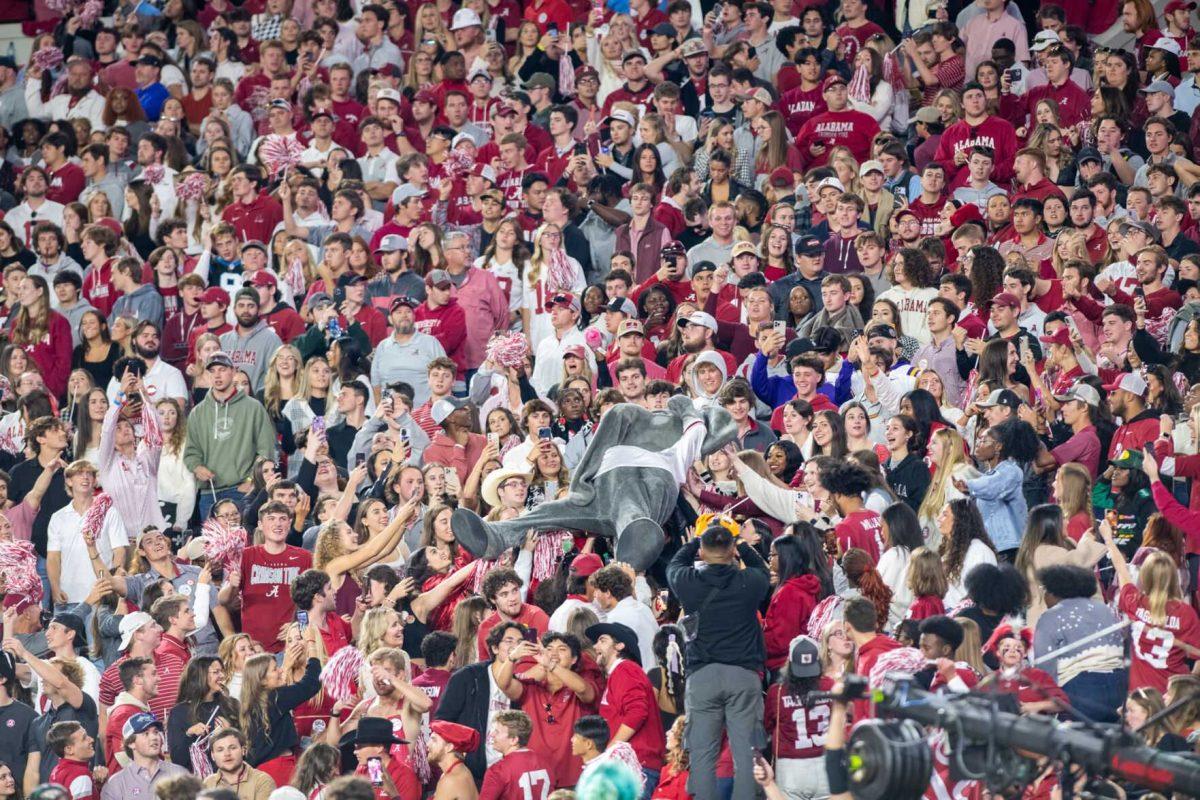 Alabama's mascot Big Al crowd surfs on Saturday, Nov. 4, 2023, during LSU's 42-28 loss against Alabama in Bryant-Denny stadium in Tuscaloosa, Al.