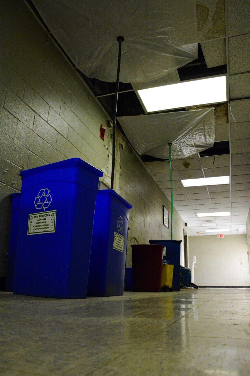 <p>The hallways throughout the Renewable Natural Resources Building have tarps covering the ceiling to catch the water to pour in the buckets Thursday, Jan. 13, 2022, on Ag Center Lane in Baton Rouge, La.</p>