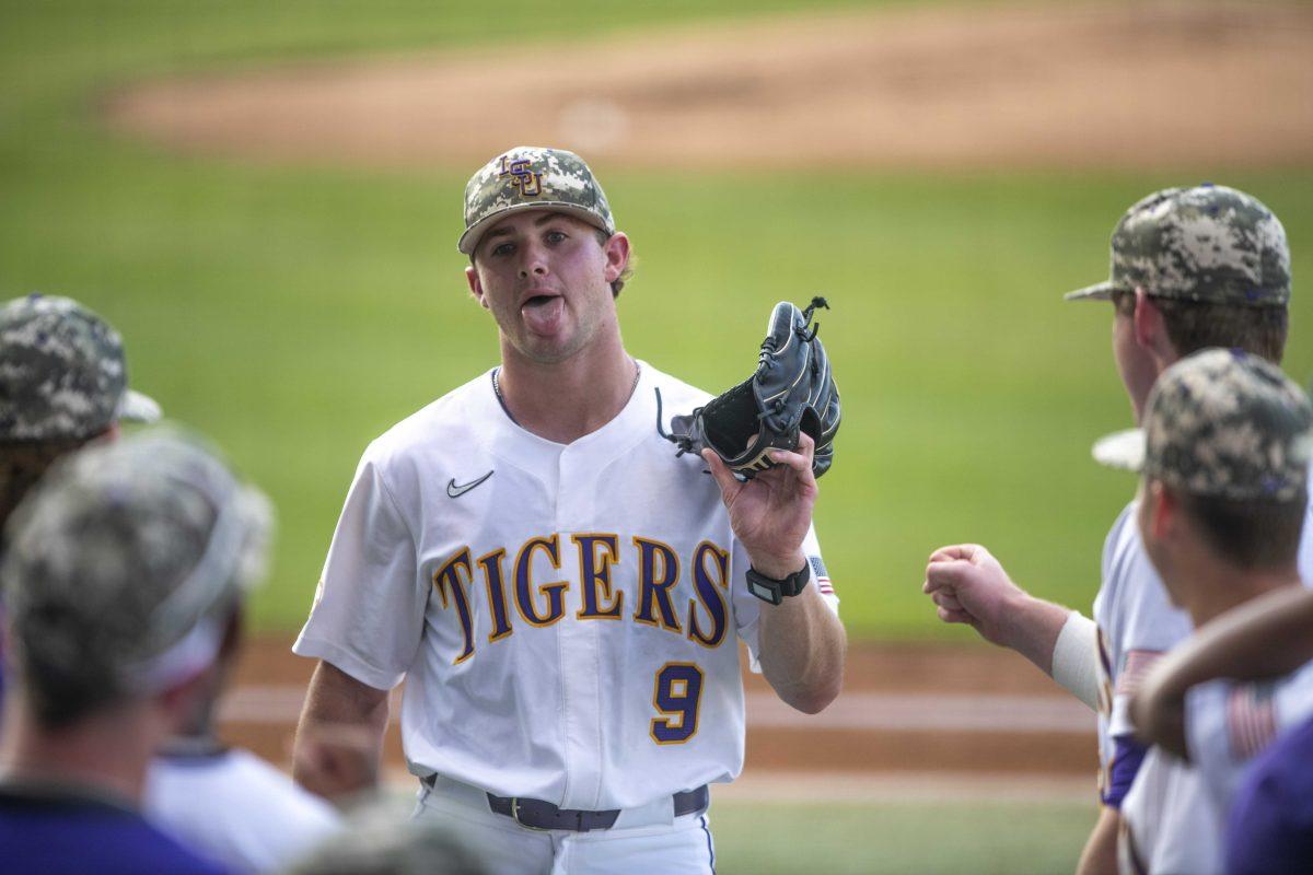 LSU baseball junior right-handed pitcher Ty Floyd (9) celebrates a successful inning with his teammates Saturday, May 13, 2023, during LSU's 9-4 loss to Mississippi State at Alex Box Stadium in Baton Rouge, La.