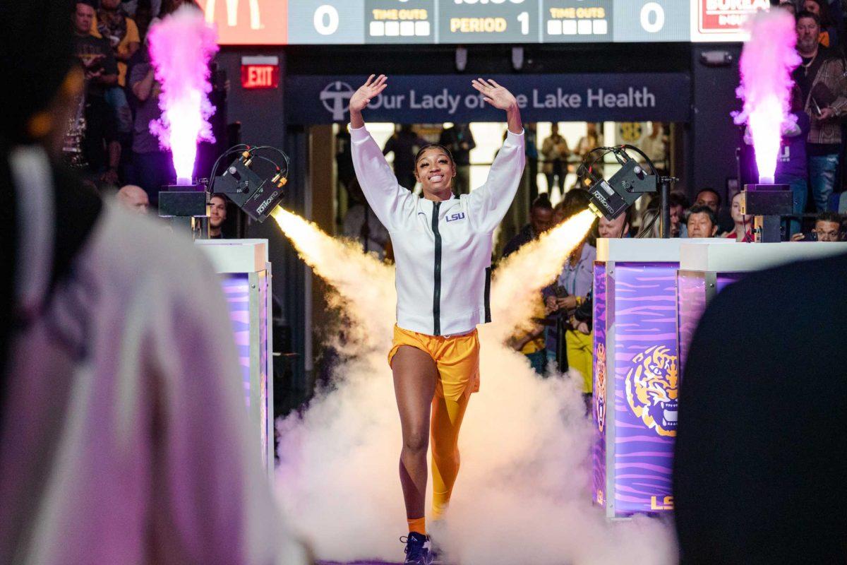 LSU women&#8217;s basketball sophomore forward Angel Reese (10) takes the court on Sunday, Jan. 15, 2023, prior to LSU&#8217;s 84-54 win over Auburn in the Pete Maravich Assembly Center in Baton Rouge, La.