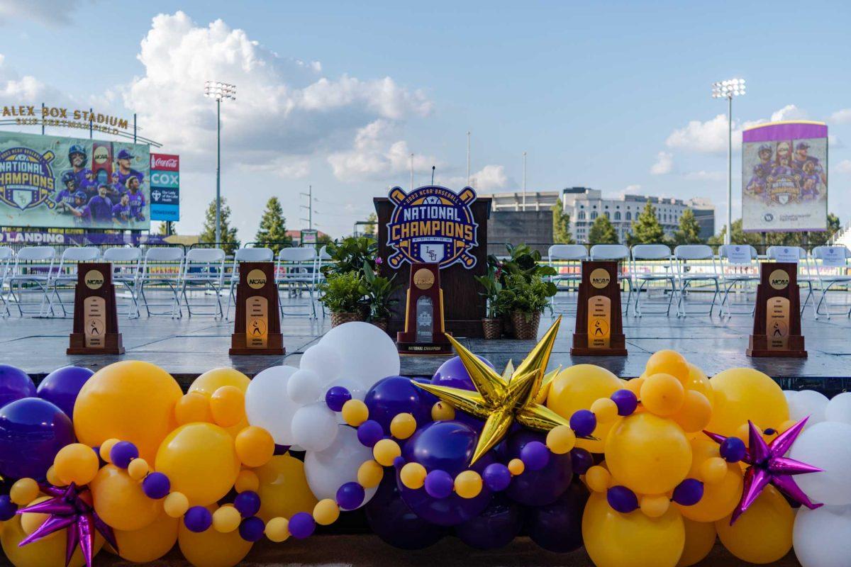 LSU baseball&#8217;s national title trophies sit on stage on Wednesday, June 28, 2023, at the Champions Celebration at Alex Box Stadium in Baton Rouge, La.