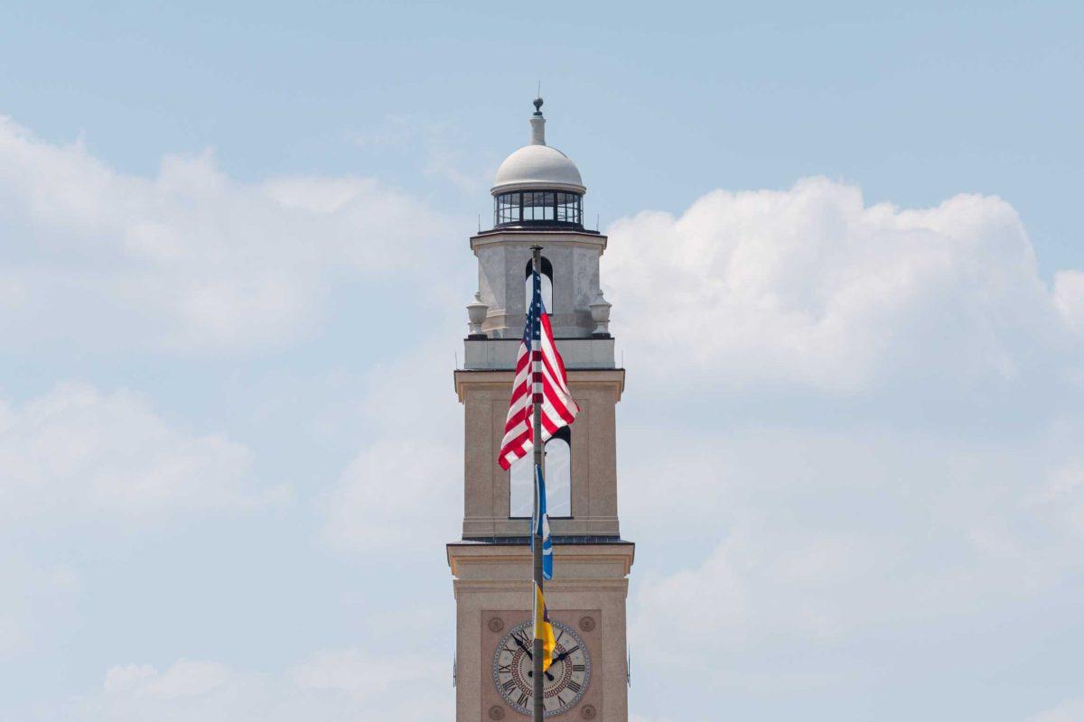 Clouds float beyond Memorial Tower on Friday, Sept. 1, 2023, on LSU's campus in Baton Rouge, La.