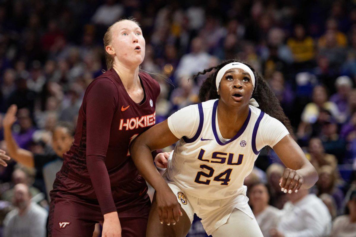 <p>LSU women's basketball junior guard Aneesah Morrow (24) looks up at a free throw Thursday, Nov. 30, 2023, during LSU's 82-64 win against Virginia Tech at the Pete Maravich Assembly Center in Baton Rouge, La.</p>