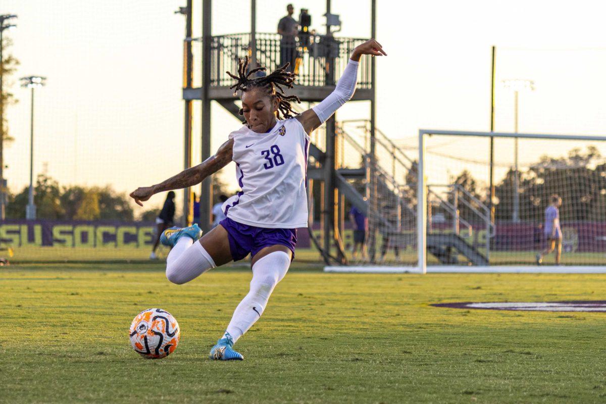 LSU soccer fifth-year senior forward Rammie Noel (38) kicks a long pass Friday. Sept. 29, 2023, during LSU's 4-0 loss to Florida at the LSU Soccer Stadium.