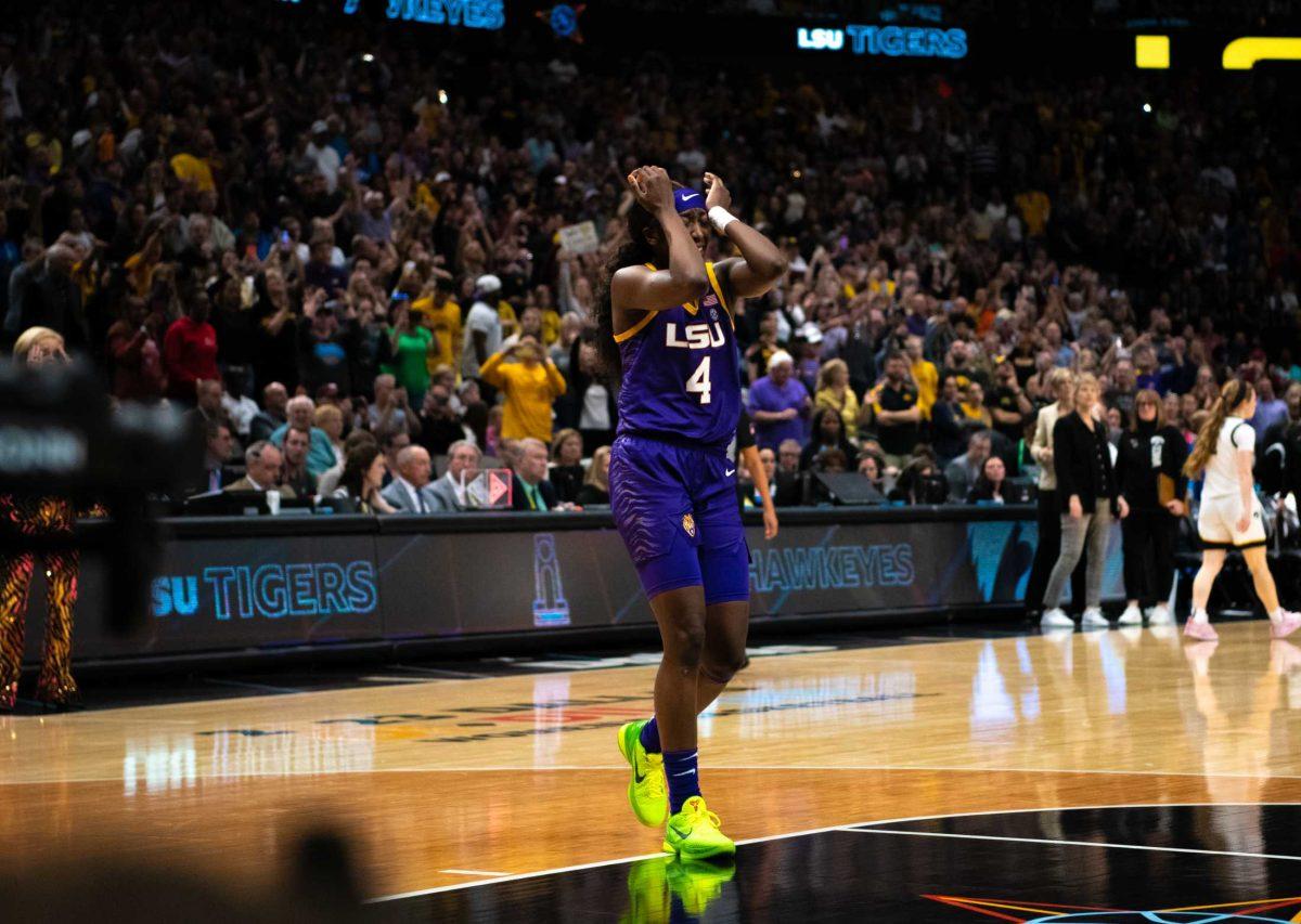 LSU women&#8217;s basketball freshman guard Flau&#8217;jae Johnson (4) gets emotional on Sunday, April 2, 2023, during LSU's 102-85 win against Iowa in the NCAA National Championship in the American Airlines Center in Dallas, Texas.