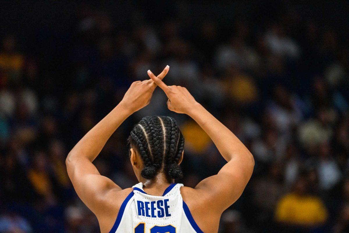 LSU women's basketball sophomore forward Angel Reese (10) excites the crowd during their 66-42 win against Michigan in the second round of March Madness Sunday, March 19, 2023, at the Pete Maravich Assembly Center on N. Stadium Drive in Baton Rouge, La.