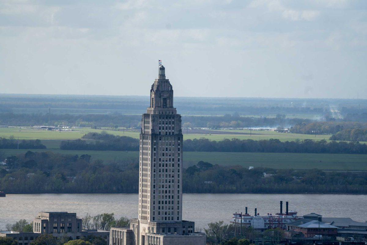 The Louisiana State Capitol building stands in front of the Mississippi River on Wednesday, March 1, 2023, in Baton Rouge, La.