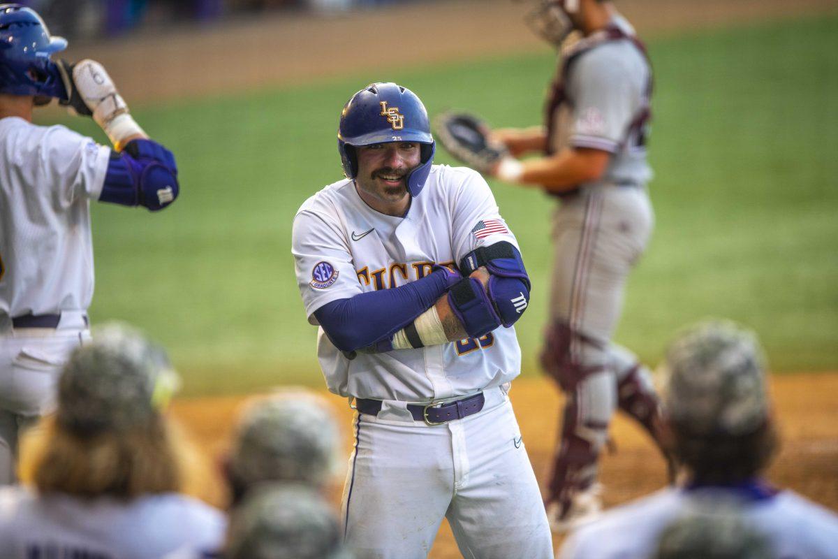 LSU baseball junior catcher Hayden Travinski (25) celebrates a home run Saturday, May 13, 2023, during LSU's 9-4 loss to Mississippi State at Alex Box Stadium in Baton Rouge, La.