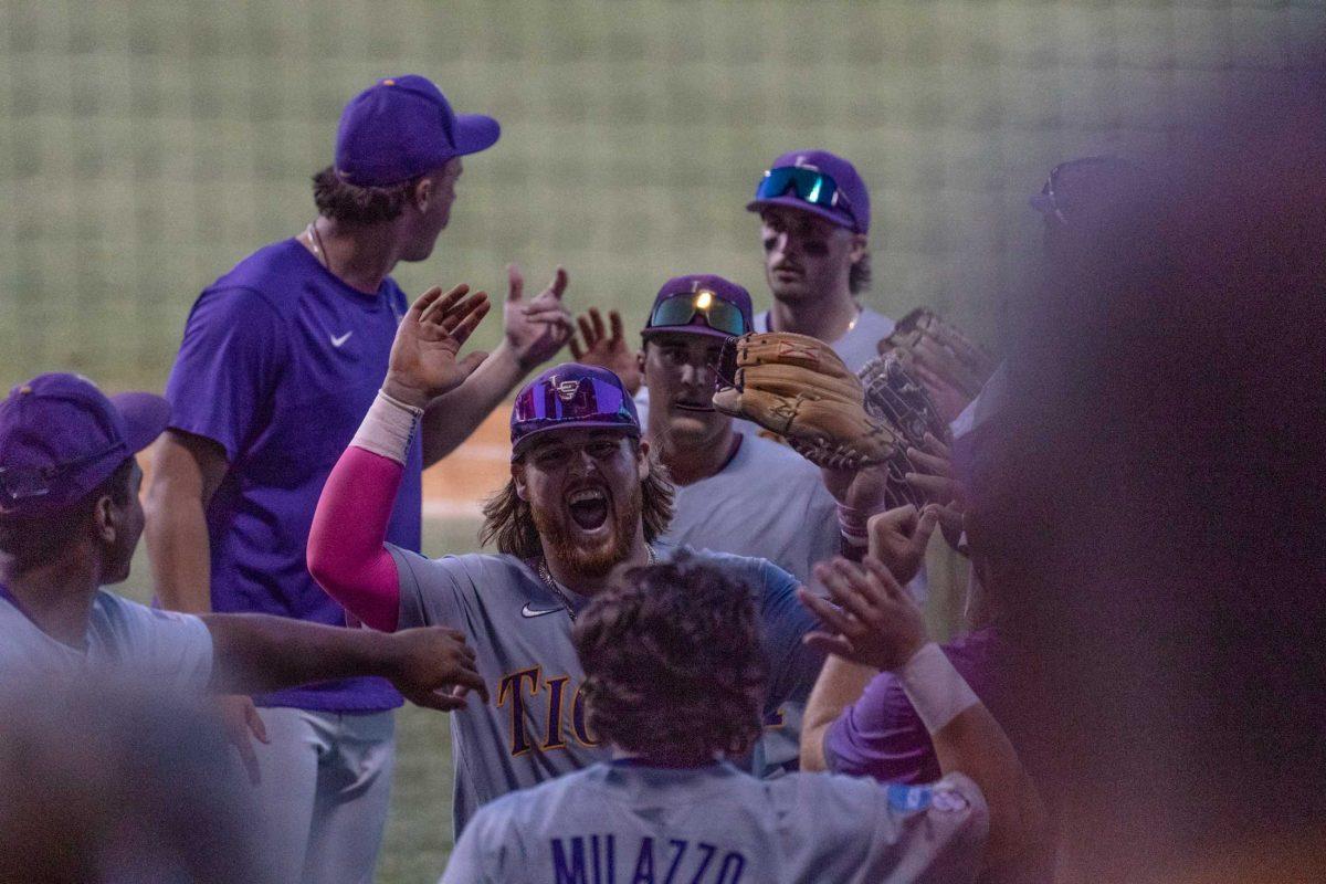 LSU baseball sophomore third baseman Tommy White (47) celebrates catching the third out in the eighth inning Sunday, June 11, 2023, during LSU&#8217;s 8-3 win against Kentucky at Alex Box Stadium in Baton Rouge, La.