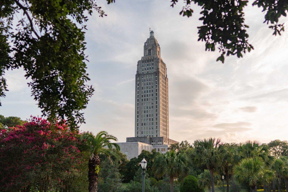 The sunset illuminates a side of the State Capitol on Wednesday, July 12, 2023, in Baton Rouge, La.