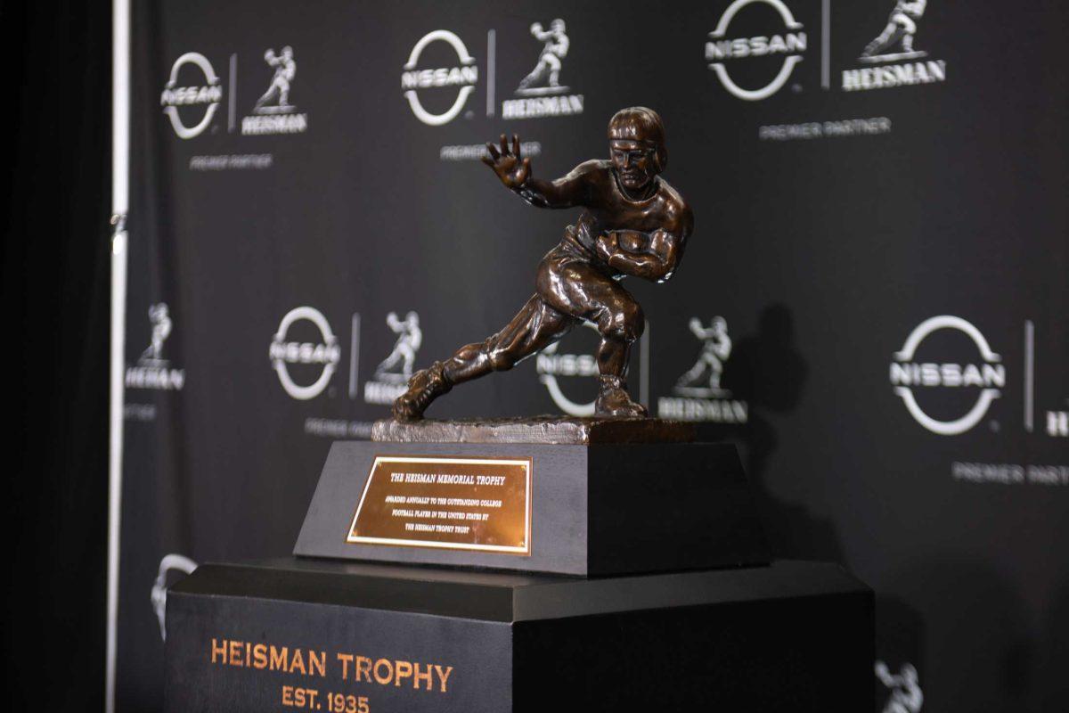 The Heisman Trophy sits at the Marriott Marquis on Friday, Dec. 8, 2023, in New York.