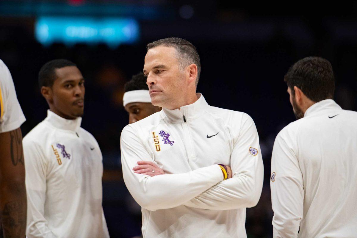 LSU men's basketball head coach Matt McMahon crosses his arms Friday, Dec. 1, 2023, during LSU's 73-66 win against Southeastern Louisiana University at the Pete Maravich Assembly Center in Baton Rouge, La.