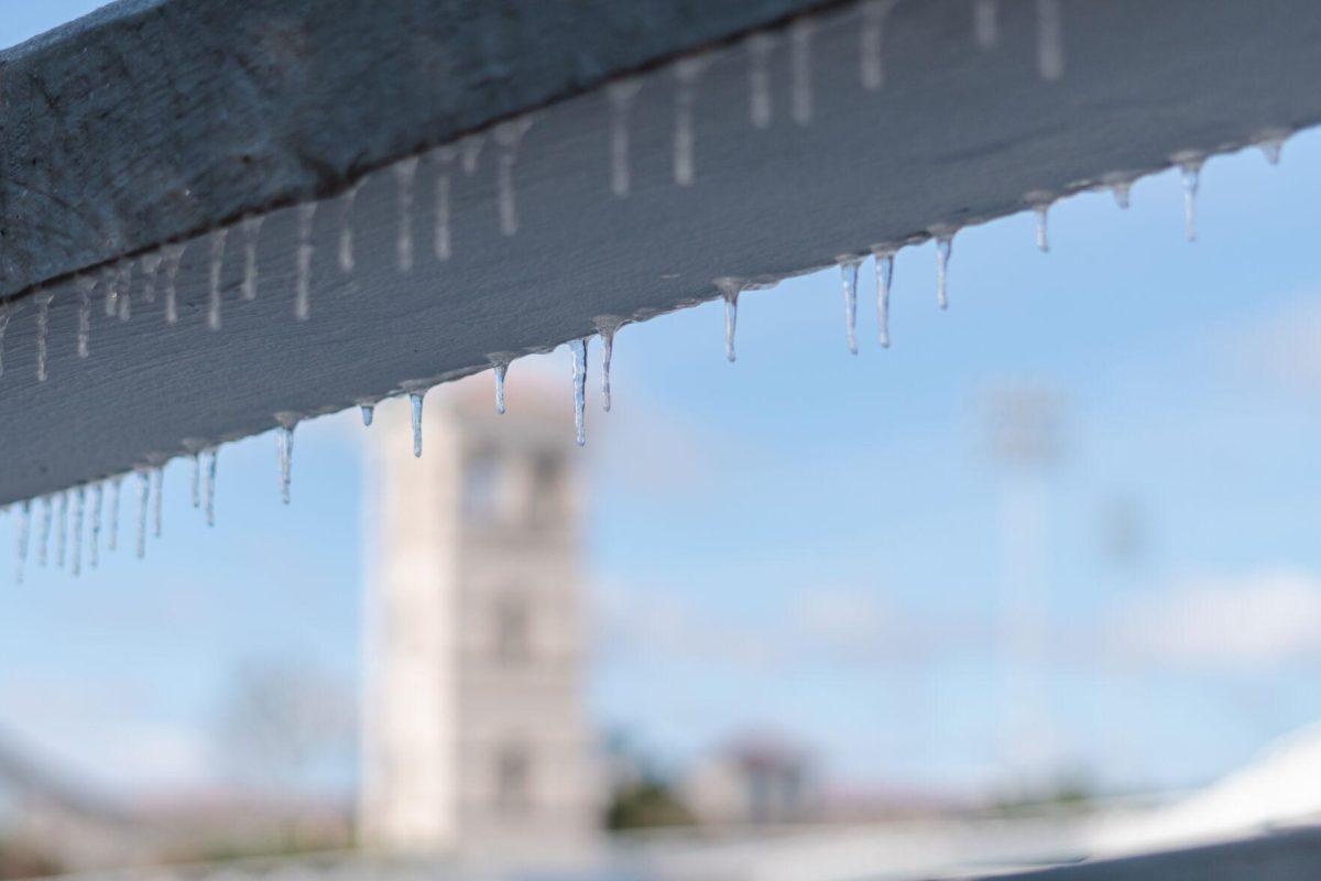 Ice hangs from the ramp up to the PMAC Tuesday, Jan. 16, 2024, on LSU's campus in Baton Rouge, La.