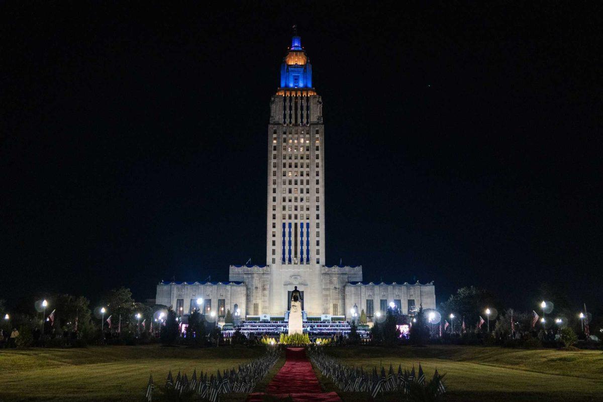 Lights illuminate the Louisiana State Capitol Sunday, Jan. 7, 2024, in Baton Rouge, La.