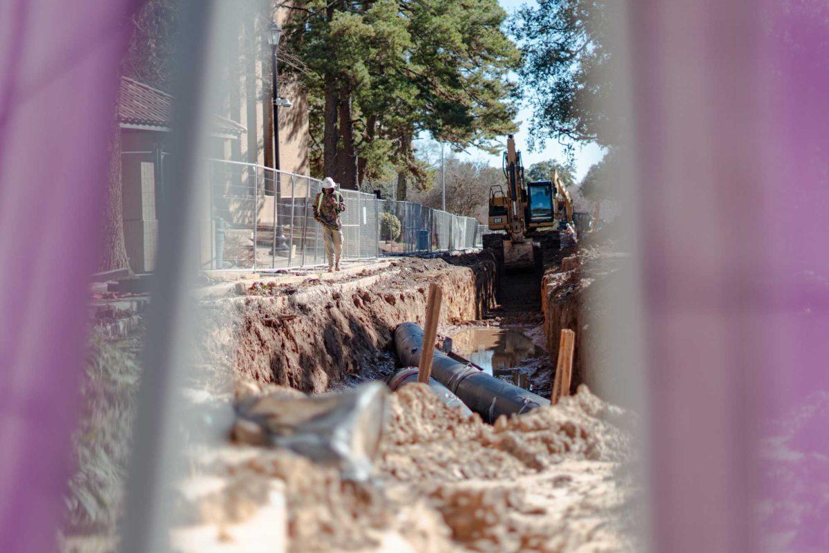 A construction worker walks along a hole in the ground Monday, Jan. 29, 2024, on Field House Drive on LSU's campus in Baton Rouge, La.