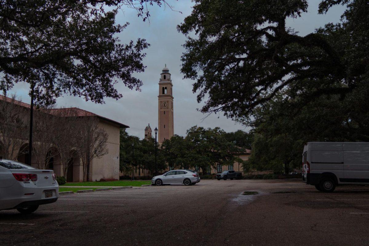 Memorial Tower sits under clouds Saturday, Jan. 27, 2024, on LSU's campus in Baton Rouge, La.