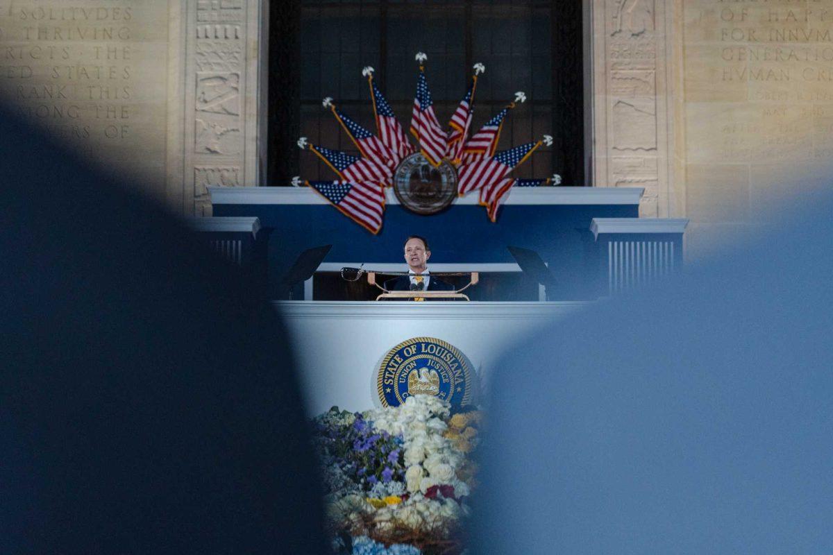 Gov.-elect Jeff Landry speaks Sunday, Jan. 7, 2024, on the Capitol steps during his inauguration ceremony the day prior to officially becoming governor in Baton Rouge, La.