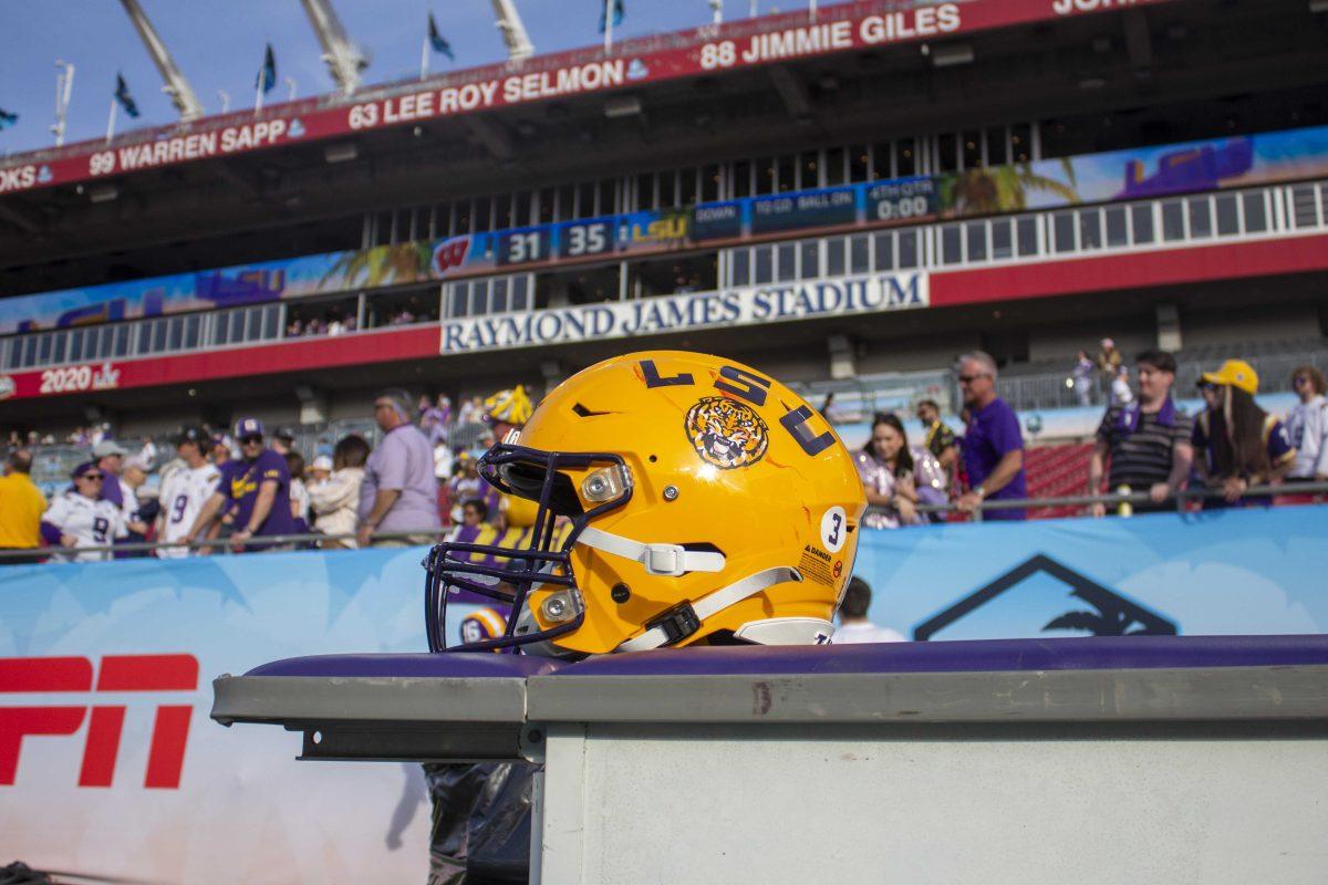 A football helmet sits Monday, Jan. 1, 2024, following LSU's 35-31 win over Wisconsin at the Raymond James Stadium in Tampa, Fl.