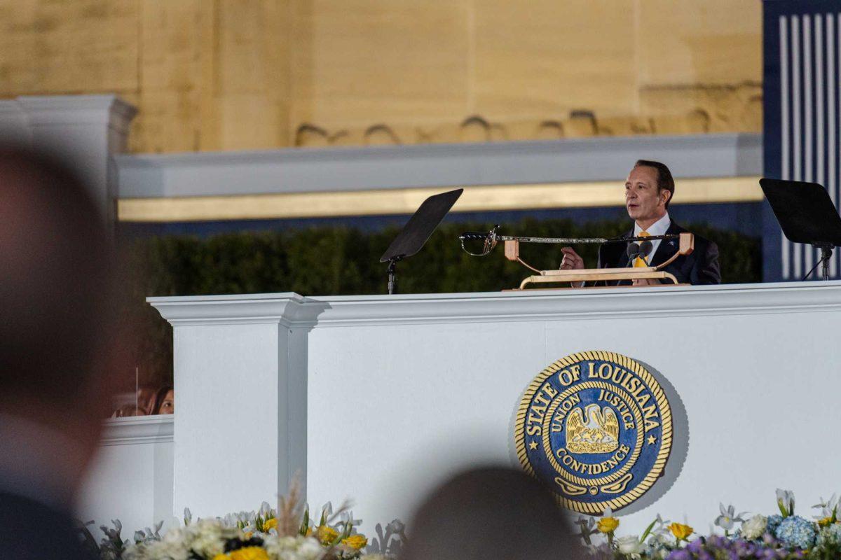 Gov.-elect Jeff Landry speaks Sunday, Jan. 7, 2024, on the Capitol steps during his inauguration ceremony the day prior to officially becoming governor in Baton Rouge, La.