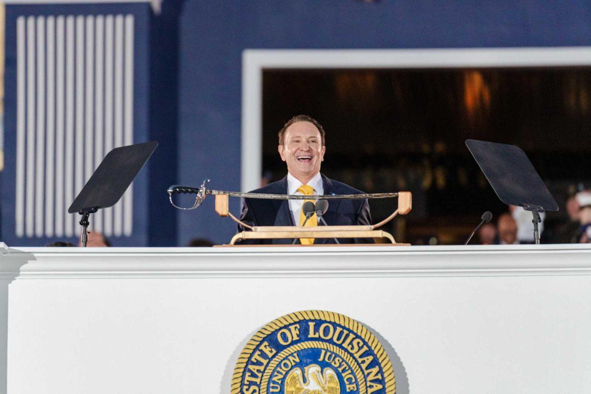 Gov.-elect Jeff Landry speaks Sunday, Jan. 7, 2024, on the Capitol steps during his inauguration ceremony the day prior to officially becoming governor in Baton Rouge, La.