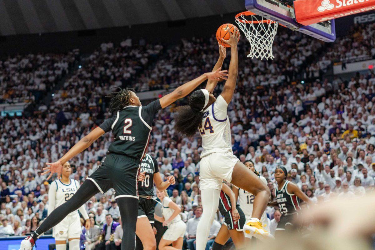 LSU women&#8217;s basketball junior guard Aneesah Morrow (24) goes up for the basket Thursday, Jan. 25, 2024, during LSU&#8217;s 76-70 loss against South Carolina in the Pete Maravich Assembly Center in Baton Rouge, La.