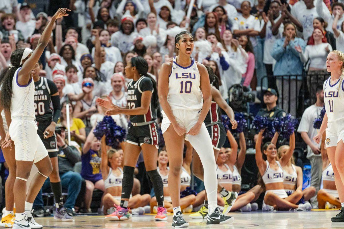 LSU women&#8217;s basketball junior forward Angel Reese (10) yells after scoring Thursday, Jan. 25, 2024, during LSU&#8217;s 76-70 loss against South Carolina in the Pete Maravich Assembly Center in Baton Rouge, La.