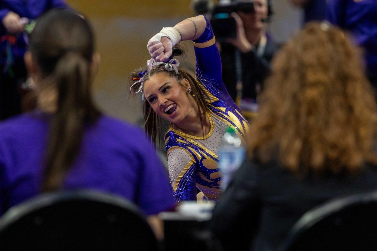 LSU gymnastics junior all-around KJ Johnson strikes a pose during her floor exercise Friday, Jan. 19, 2024, during LSU&#8216;s 198.125 - 197.600 victory over Kentucky in the Pete Maravich Assembly Center.&#160;