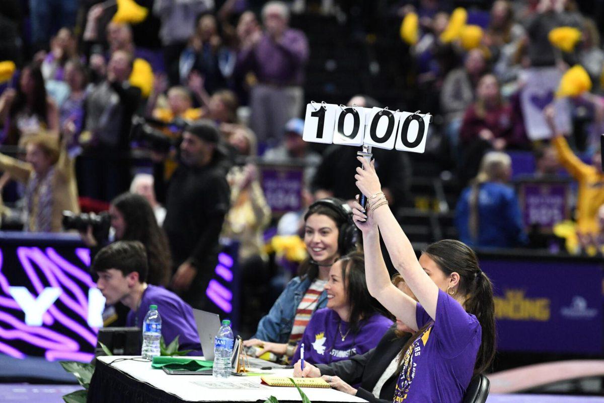 LSU gymnastics all-around graduate student Kiya Johnson receives a perfect 10.00 on floor Friday, Jan. 19, 2024, during LSU&#8217;s 198.125-197.600 win against Kentucky in the Pete Maravich Assembly Center in Baton Rouge, La.