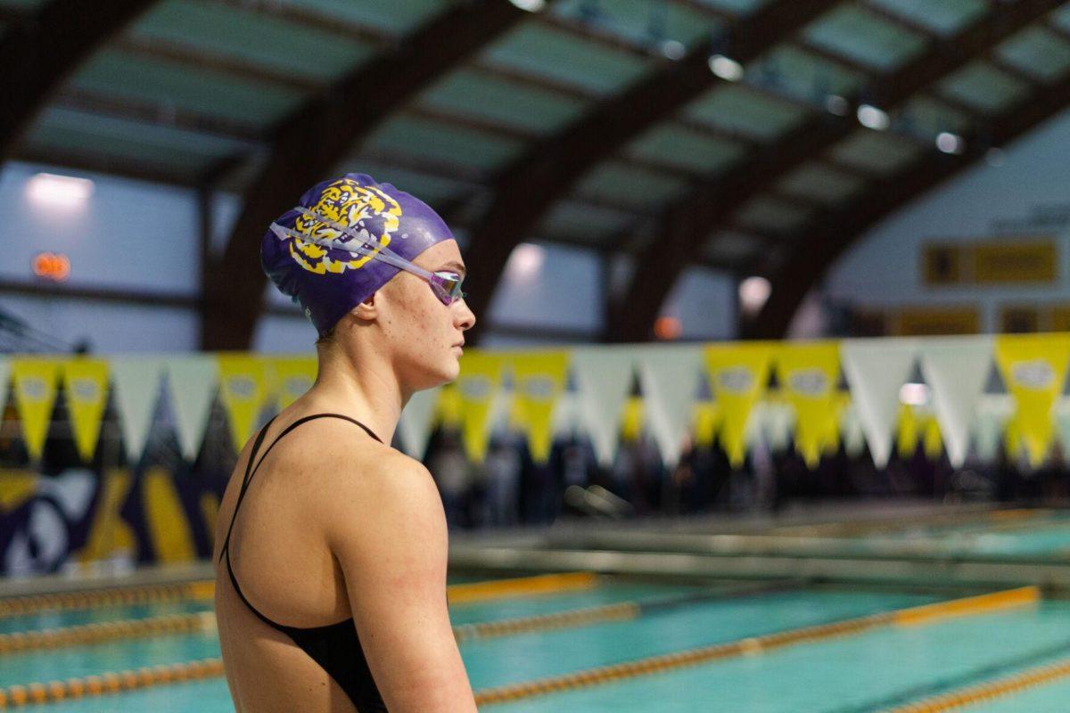 LSU swimming freestyle/backstroke sophomore Michaela de Villiers awaits the start of her race Saturday, Jan. 20, 2024, during LSU's meet against Texas A&amp;M at the LSU Natatorium in Baton Rouge, La.