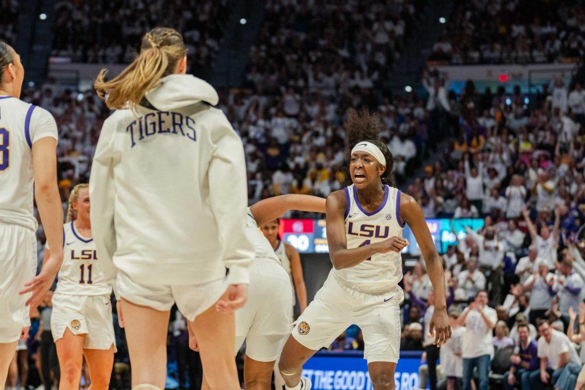 LSU women&#8217;s basketball sophomore guard Flau&#8217;jae Johnson (4) celebrates Thursday, Jan. 25, 2024, during LSU&#8217;s 76-70 loss against South Carolina in the Pete Maravich Assembly Center in Baton Rouge, La.