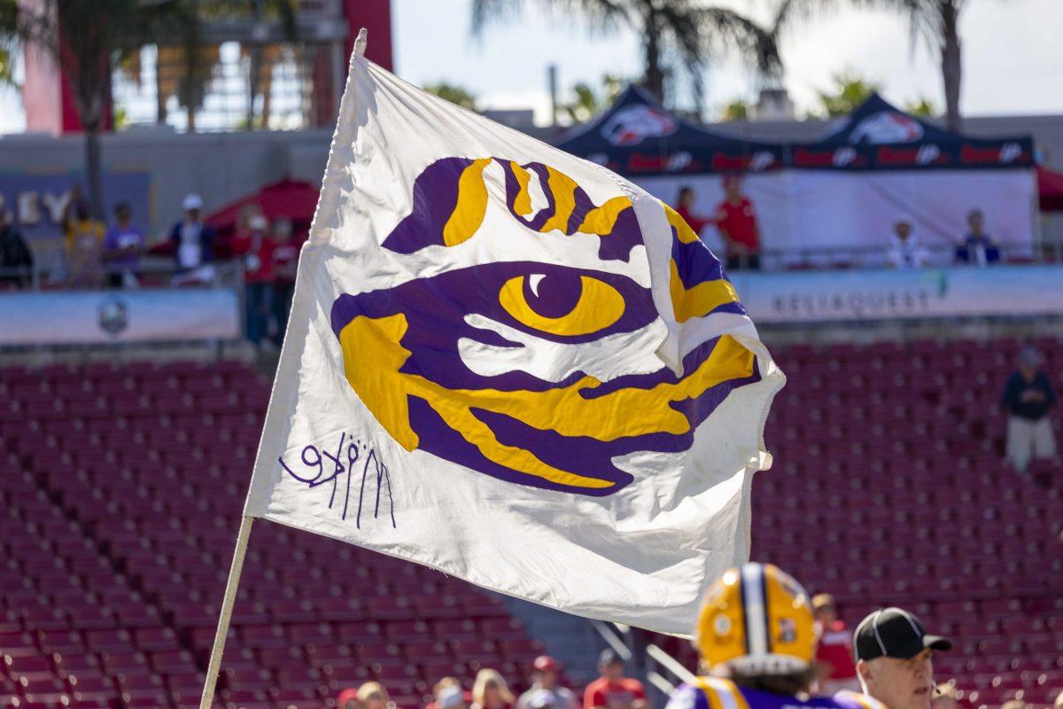 The Mike the Tiger flag flies through the sky Monday, Jan. 1, 2024, prior to LSU's 35-31 win over Wisconsin at the Raymond James Stadium in Tampa, Fl.