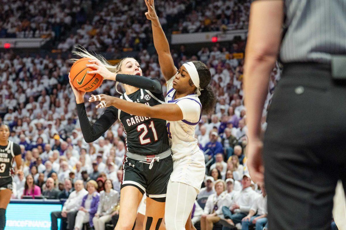 <p>LSU women’s basketball junior guard Aneesah Morrow (24) tries to block her opponent Thursday, Jan. 25, 2024, prior to LSU’s 76-70 loss against South Carolina in the Pete Maravich Assembly Center in Baton Rouge, La.</p>