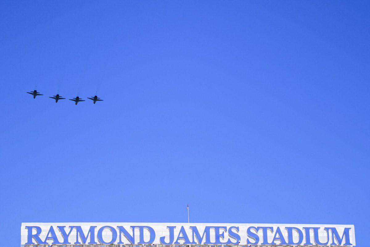 Jets fly past Raymond James Stadium on Monday, Jan. 1, 2024, before LSU's 35-31 victory against Wisconsin in Tampa, Fl.