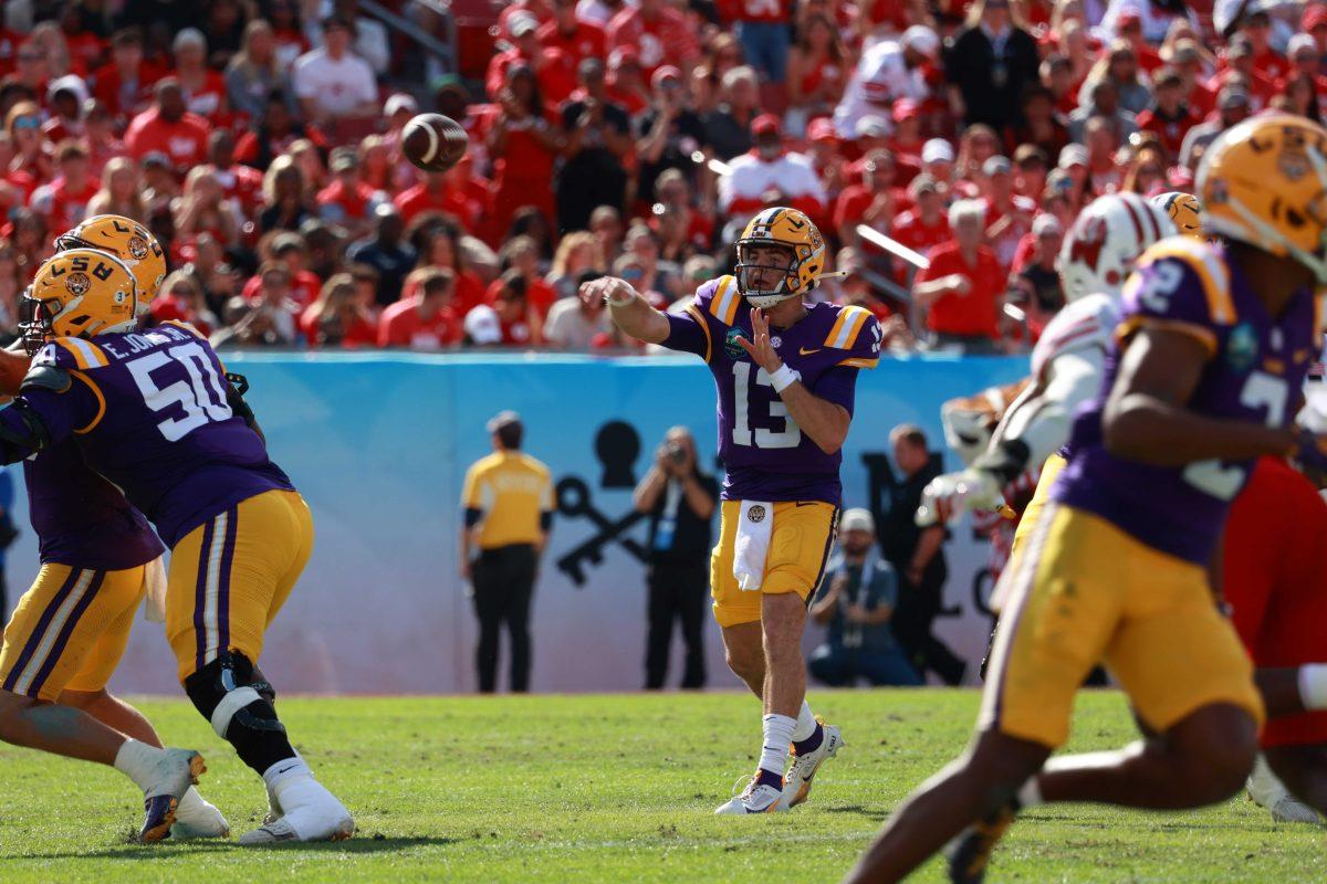 LSU football redshirt sophomore quarterback Garrett Nussmeier (13) passes the ball Monday, Jan. 1, 2024, during the ReliaQuest Bowl in Raymond James Stadium.&#160;