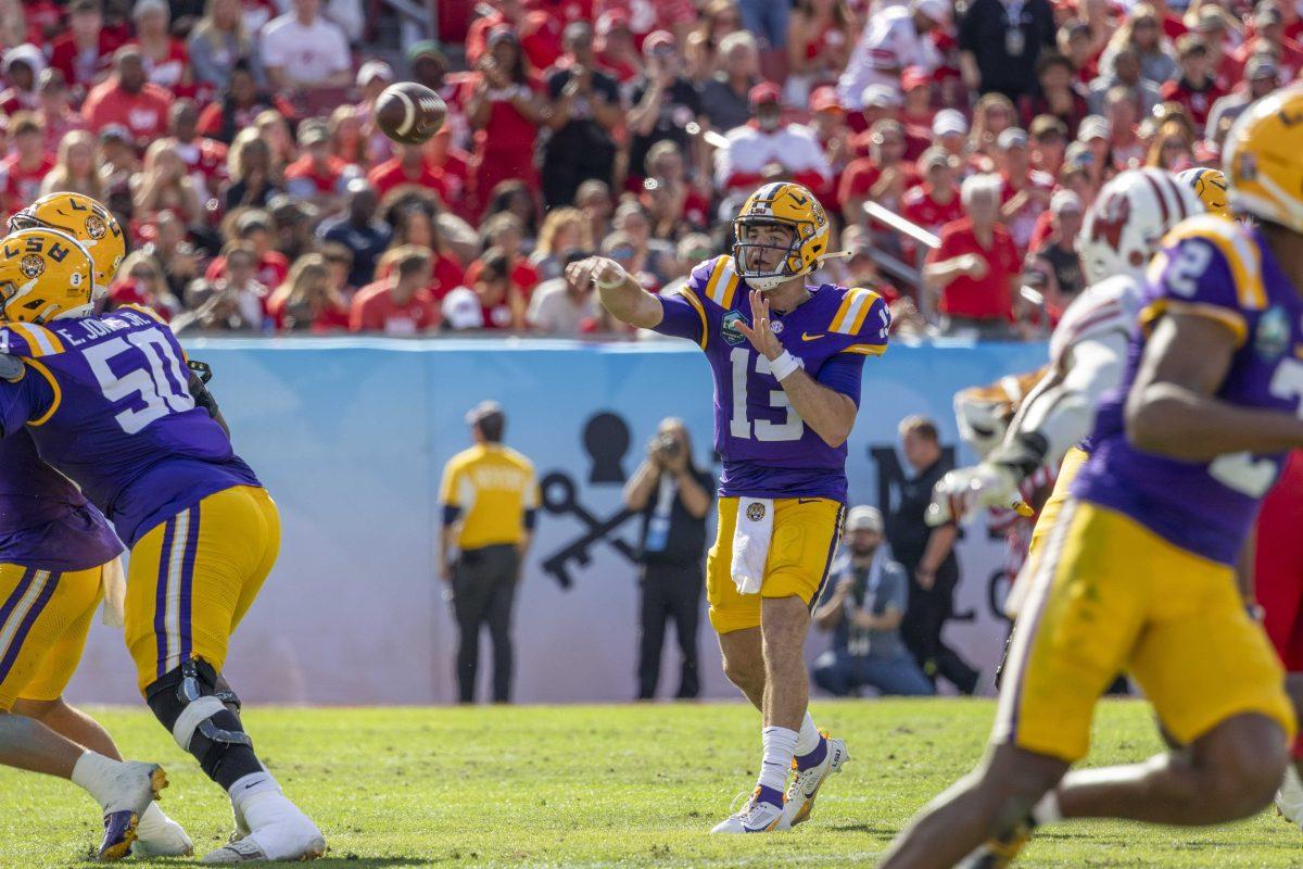 LSU sophomore quarterback Garrett Nussmeier throws the ball Monday, Jan. 1, 2024, during LSU's 35-31 win over Wisconsin at the Raymond James Stadium in Tampa, Fl.