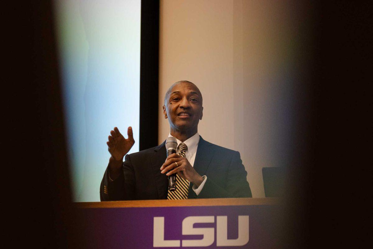 LSU President William F. Tate IV discusses the change of wording from "inclusion" to "engagement" in the Division of Engagement, Civil Rights and Title IX Wednesday, Jan. 24, 2024, at a Faculty Senate meeting inside the Woods Auditorium on LSU's campus in Baton Rouge, La.