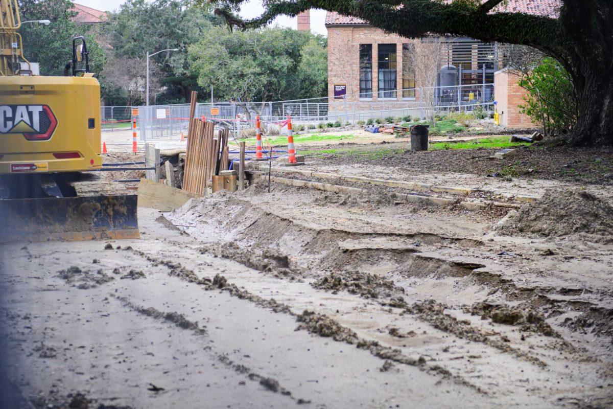 Mud fills the street on Sunday, Jan. 28, 2024, on South Campus Drive in Baton Rouge, La.