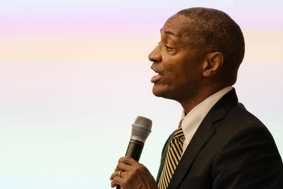 LSU President William F. Tate IV discusses the change of wording from "inclusion" to "engagement" in the Division of Engagement, Civil Rights and Title IX Wednesday, Jan. 24, 2024, at a Faculty Senate meeting inside the Woods Auditorium on LSU's campus in Baton Rouge, La.