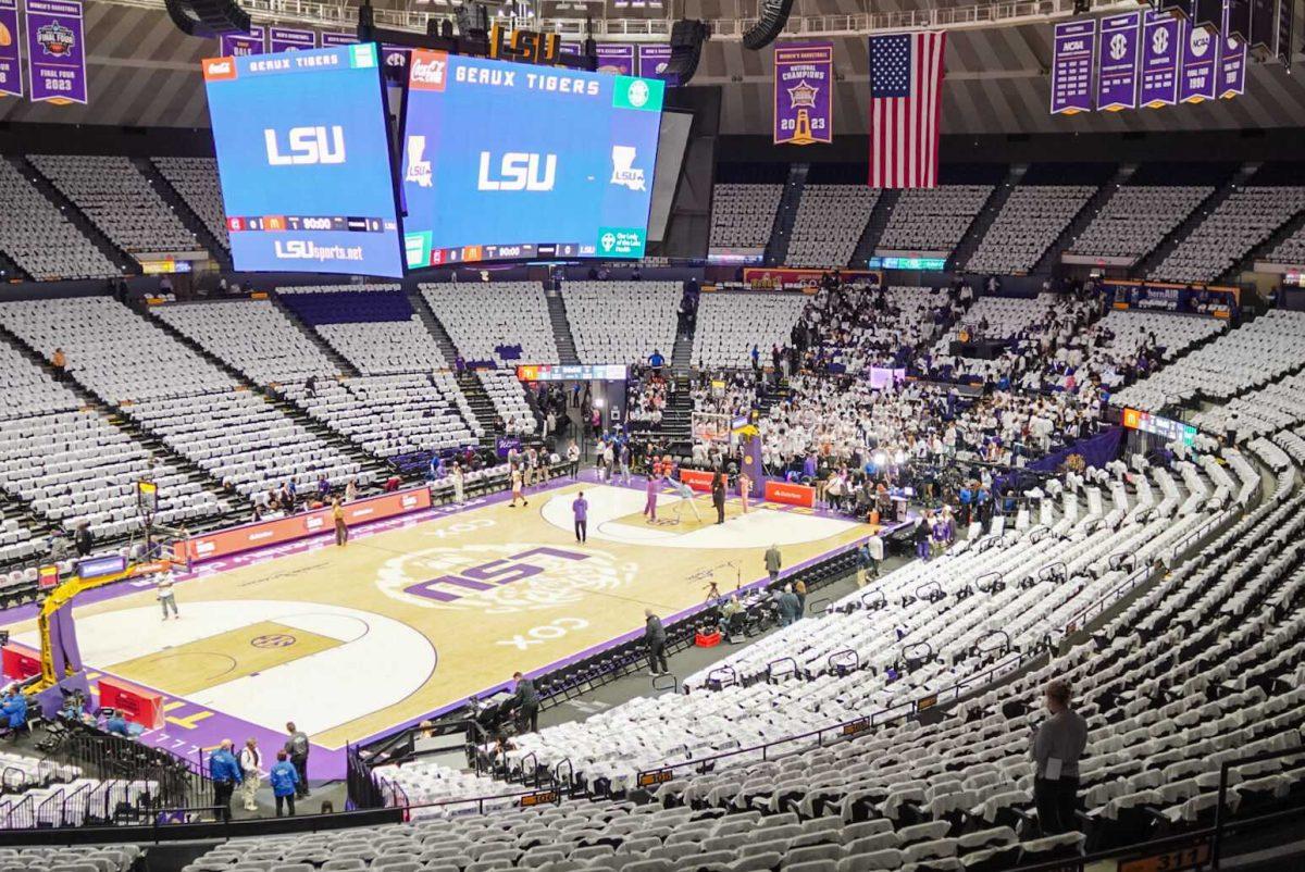 Students begin to find their seats Thursday, Jan. 25, 2024, prior to LSU&#8217;s 76-70 loss against South Carolina in the Pete Maravich Assembly Center in Baton Rouge, La.