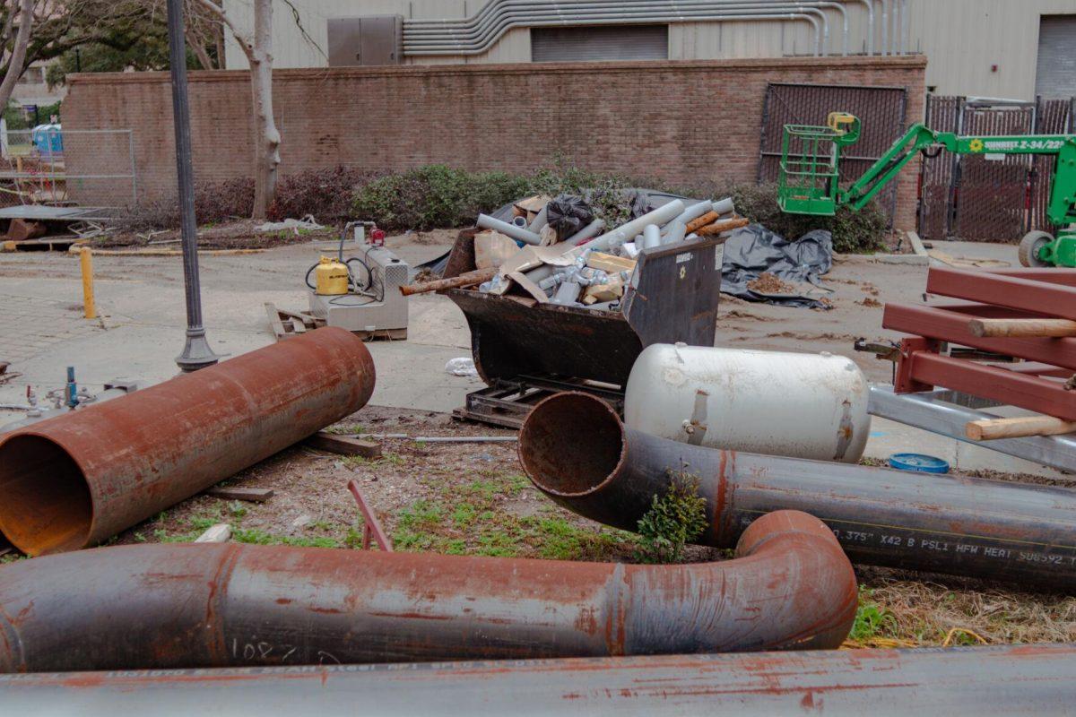 Pieces and parts sit scattered about Saturday, Jan. 27, 2024, on LSU's campus in Baton Rouge, La.